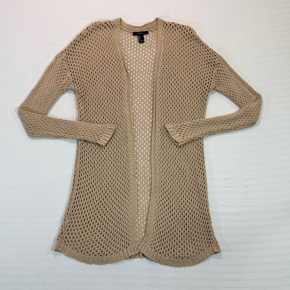 Forever 21 Open Knit Crochet Long Cardigan Beige Tan Small Boho Duster